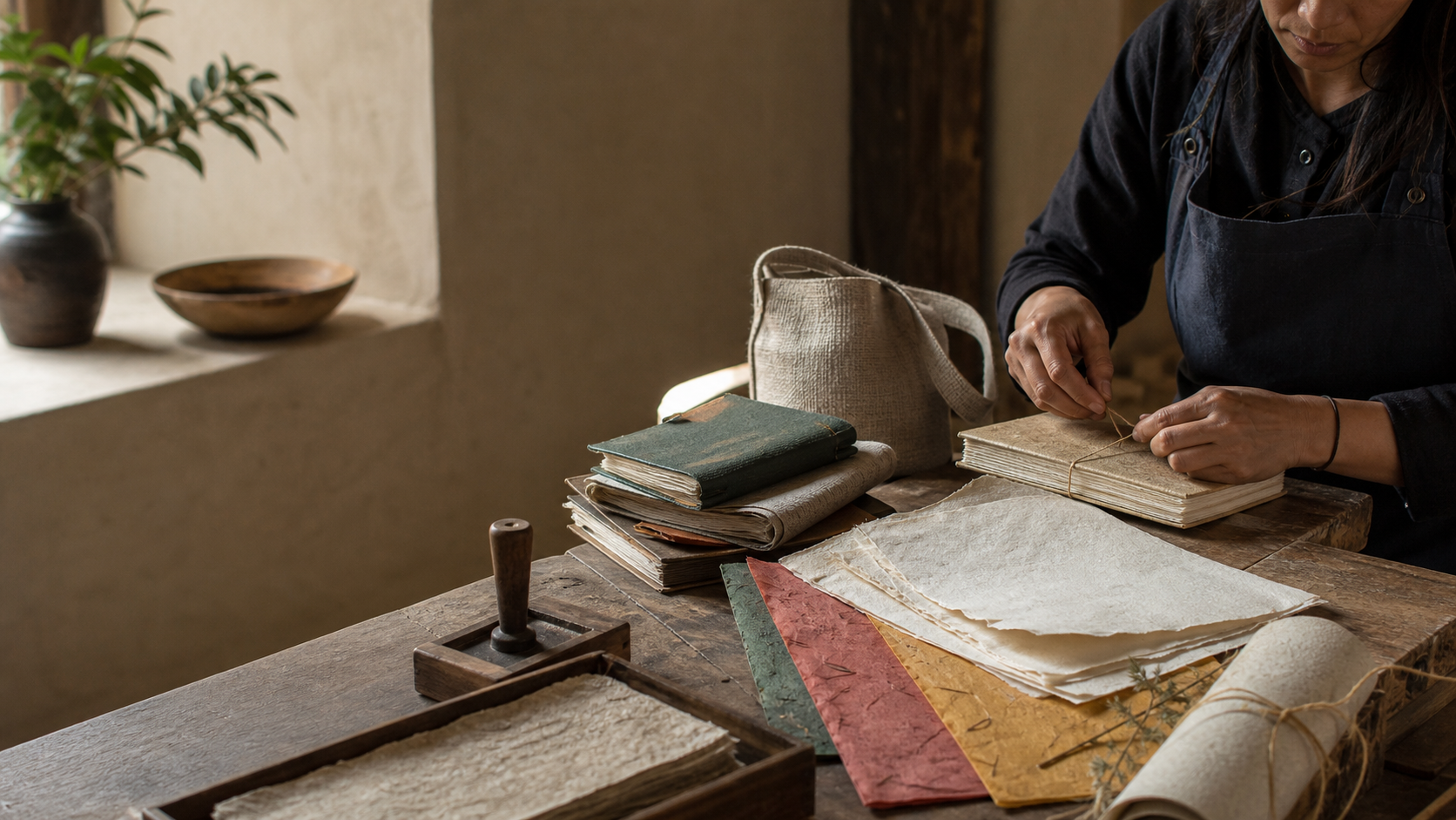 Nepalese artisan binding a handmade Lokta paper journal